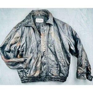 Vtg Cellini Leather Bomber Biker Jacket Mens Size Lg Black & Brown Mosaic Stitch